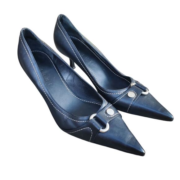 Authentic Celine Black Leather Pointed Toe Kitten Heels - Size 37.5 - Picture 1 of 9